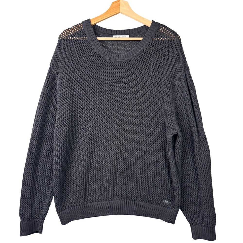 TNA Aritzia Sullivan Sweater Charcoal Grey Open Knit Mesh Cotton Oversized Large